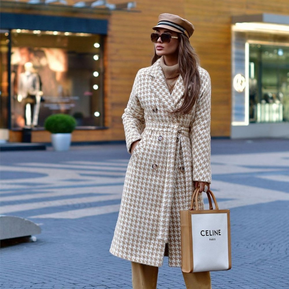 Houndstooth wool-blend long coat